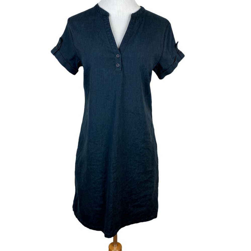 Fig Dress S Charcoal Linen‎ Lyocell Shift Short Sleeve Mini Stretch V-Neck